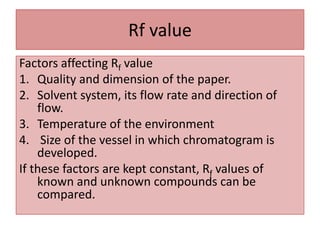 Rf value
Factors affecting Rf value
1. Quality and dimension of the paper.
2. Solvent system, its flow rate and direction of
flow.
3. Temperature of the environment
4. Size of the vessel in which chromatogram is
developed.
If these factors are kept constant, Rf values of
known and unknown compounds can be
compared.
 