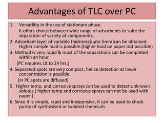 Advantages of TLC over PC
1. Versatility in the use of stationary phase.
It offers choice between wide range of adsorbents to suite the
separation of variety of components.
2. Adsorbent layer of variable thickness(upto 5mm)can be obtained.
Higher sample load is possible.(higher load on paper not possible)
3. Method is very rapid & most of the separations can be completed
within an hour.
(PC requires 18 to 24 hrs.)
4. Separated spots are very compact, hence detection at lower
concentration is possible.
(In PC spots are diffused)
5. Higher temp. and corrosive sprays can be used to detect unknown
solutes.( higher temp and corrosive sprays can not be used with
paper.)
6. Since it is simple, rapid and inexpensive, it can be used to check
purity of synthesised or isolated chemicals.
 