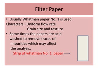 Filter Paper
• Usually Whatman paper No. 1 is used.
Characters : Uniform flow rate
Grain size and texture
• Some times the papers are acid
washed to remove traces of
impurities which may affect
the analysis.
Strip of whatman No. 1 paper
 