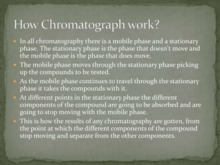  In all chromatography there is a mobile phase and a stationary
phase. The stationary phase is the phase that doesn't move and
the mobile phase is the phase that does move.
 The mobile phase moves through the stationary phase picking
up the compounds to be tested.
 As the mobile phase continues to travel through the stationary
phase it takes the compounds with it.
 At different points in the stationary phase the different
components of the compound are going to be absorbed and are
going to stop moving with the mobile phase.
 This is how the results of any chromatography are gotten, from
the point at which the different components of the compound
stop moving and separate from the other components.
 