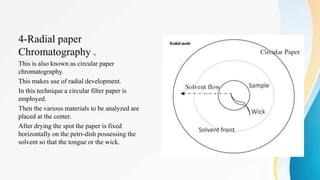 4-Radial paper
Chromatography .
This is also known as circular paper
chromatography.
This makes use of radial development.
In this technique a circular filter paper is
employed.
Then the various materials to be analyzed are
placed at the center.
After drying the spot the paper is fixed
horizontally on the petri-dish possessing the
solvent so that the tongue or the wick.
 