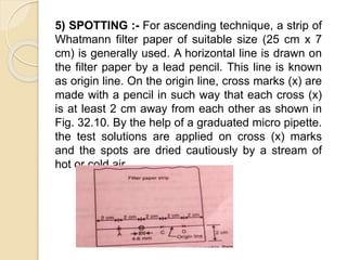 5) SPOTTING :- For ascending technique, a strip of
Whatmann filter paper of suitable size (25 cm x 7
cm) is generally used. A horizontal line is drawn on
the filter paper by a lead pencil. This line is known
as origin line. On the origin line, cross marks (x) are
made with a pencil in such way that each cross (x)
is at least 2 cm away from each other as shown in
Fig. 32.10. By the help of a graduated micro pipette.
the test solutions are applied on cross (x) marks
and the spots are dried cautiously by a stream of
hot or cold air.
 