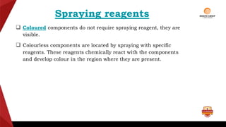 Spraying reagents
 Coloured components do not require spraying reagent, they are
visible.
 Colourless components are located by spraying with specific
reagents. These reagents chemically react with the components
and develop colour in the region where they are present.
 