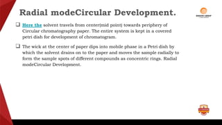 Radial modeCircular Development.
 Here the solvent travels from center(mid point) towards periphery of
Circular chromatography paper. The entire system is kept in a covered
petri dish for development of chromatogram.
 The wick at the center of paper dips into mobile phase in a Petri dish by
which the solvent drains on to the paper and moves the sample radially to
form the sample spots of different compounds as concentric rings. Radial
modeCircular Development.
 