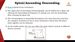 Spiral/Ascending Descending.
 It is a hybrid of two techniques.
 The upper part of ascending chromatography can be folded over a glass rod
allowing the descending development to change over into the descending
after crossing the glass rod.
 The chromatogram is repeatedly developed in the same direction and thus
the complete resolution of two or more substances which have Rf values
close together can be obtained.
 As the mobile phase one can use either the same solvent system or different
solvent systems.
 