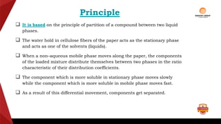Principle
 It is based on the principle of partition of a compound between two liquid
phases.
 The water hold in cellulose fibers of the paper acts as the stationary phase
and acts as one of the solvents (liquids).
 When a non–aqueous mobile phase moves along the paper, the components
of the loaded mixture distribute themselves between two phases in the ratio
characteristic of their distribution coefficients.
 The component which is more soluble in stationary phase moves slowly
while the component which is more soluble in mobile phase moves fast.
 As a result of this differential movement, components get separated.
 