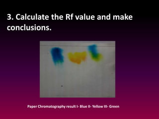 Paper Chromatography result I- Blue II- Yellow III- Green
3. Calculate the Rf value and make
conclusions.
 