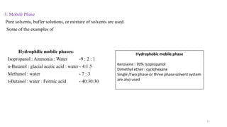 3. Mobile Phase
Pure solvents, buffer solutions, or mixture of solvents are used.
Some of the examples of
Hydrophilic mobile phases:
Isopropanol : Ammonia : Water -9 : 2 : 1
n-Butanol : glacial acetic acid : water - 4:1:5
Methanol : water - 7 : 3
t-Butanol : water : Formic acid - 40:30:30
11
 