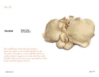 No. 13




                       Paper Clay,
Orchid                 22.5x38x8.5




The small flowers I had made fascinated me.
Paper clay makes it easy to build and add onto the
clay stems. I brought in a native wild flower book at
another student’s suggestion to study what they really
look like. They can be quite erotic, especially the orchid
family with lady slippers and such.




  back to p.21                                               page 39
 