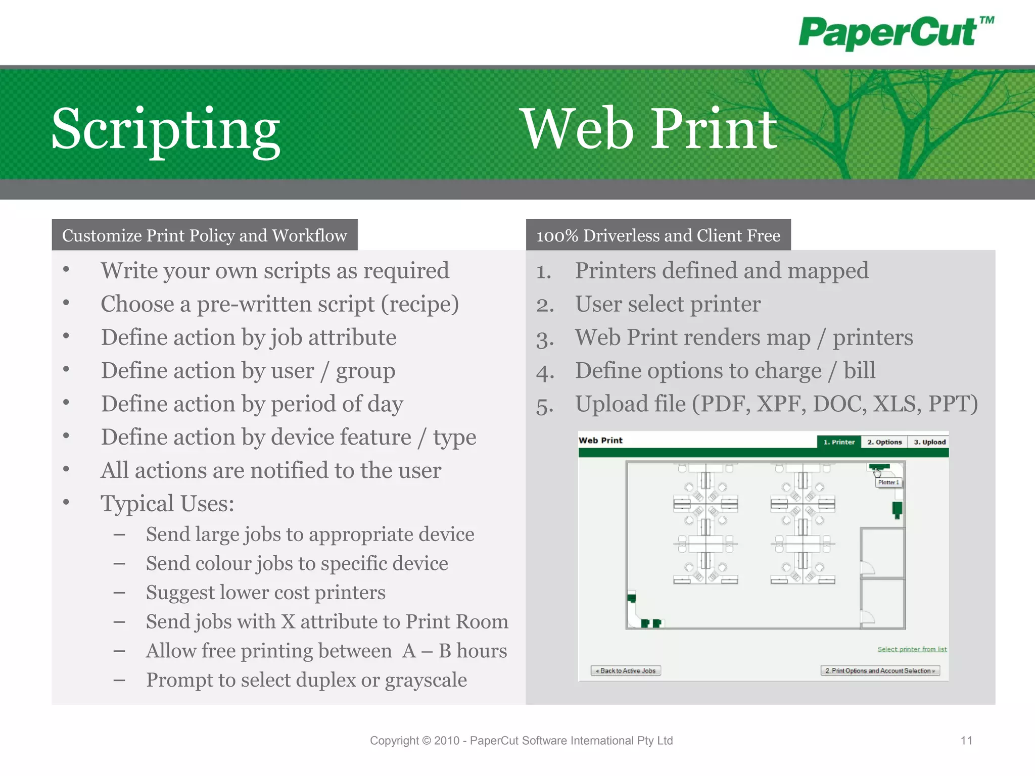 • Write your own scripts as required
• Choose a pre-written script (recipe)
• Define action by job attribute
• Define action by user / group
• Define action by period of day
• Define action by device feature / type
• All actions are notified to the user
• Typical Uses:
– Send large jobs to appropriate device
– Send colour jobs to specific device
– Suggest lower cost printers
– Send jobs with X attribute to Print Room
– Allow free printing between A – B hours
– Prompt to select duplex or grayscale
1. Printers defined and mapped
2. User select printer
3. Web Print renders map / printers
4. Define options to charge / bill
5. Upload file (PDF, XPF, DOC, XLS, PPT)
Customize Print Policy and Workflow
Copyright © 2010 - PaperCut Software International Pty Ltd 11
100% Driverless and Client Free
Scripting Web Print
 