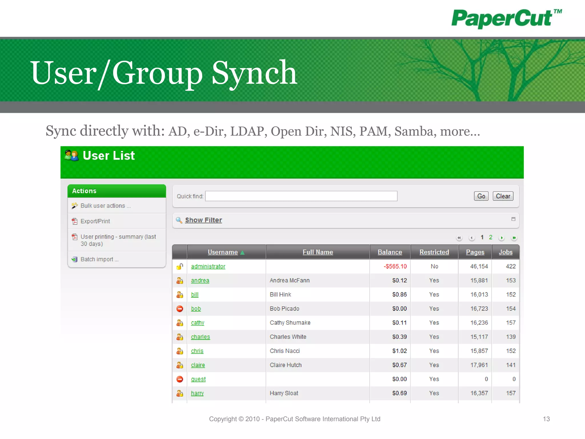 Sync directly with: AD, e-Dir, LDAP, Open Dir, NIS, PAM, Samba, more…
Copyright © 2010 - PaperCut Software International Pty Ltd 13
User/Group Synch
 