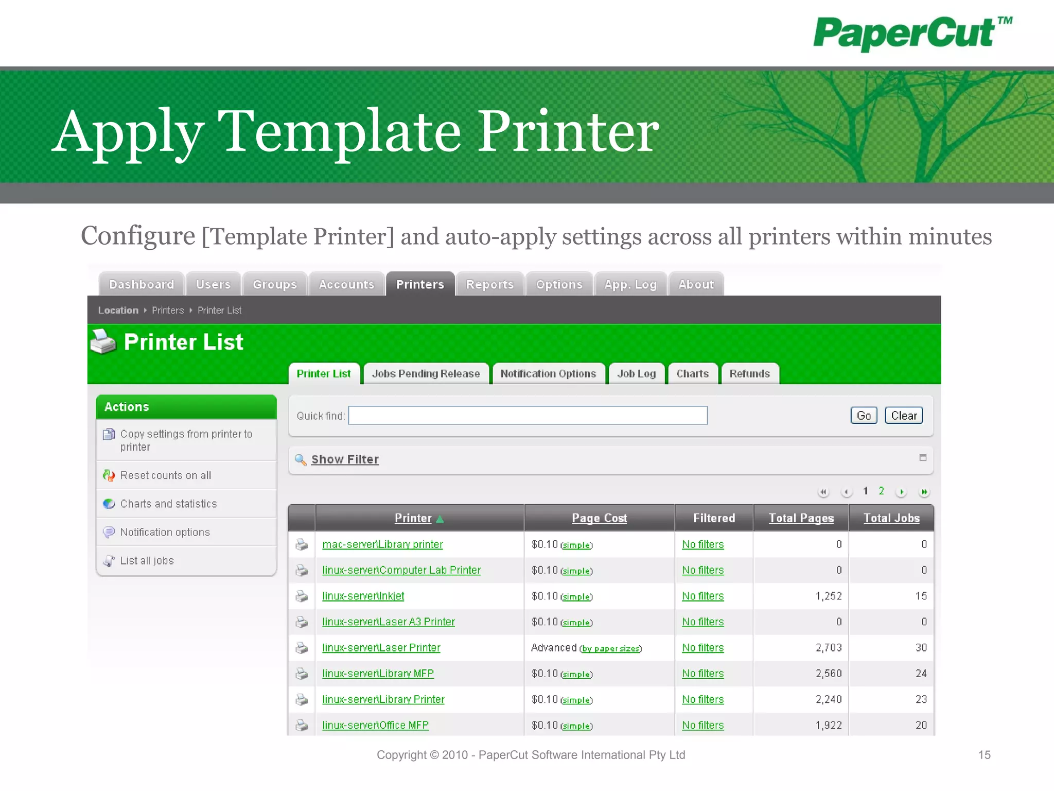 Copyright © 2010 - PaperCut Software International Pty Ltd 15
Apply Template Printer
Configure [Template Printer] and auto-apply settings across all printers within minutes
 