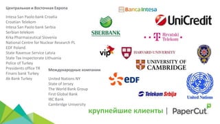 крупнейшие клиенты |
Центральная и Восточная Европа
Intesa San Paolo bank Croatia
Croatian Telekom
Intesa San Paolo bank Serbia
Serbian telekom
Krka Pharmaceutical Slovenia
National Centre for Nuclear Research PL
EDF Poland
State Ravenue Service Latvia
State Tax Inspectorate Lithuania
Police of Turkey
Presidents office TR
Finans bank Turkey
Ak Bank Turkey
Международные компании
United Nations NY
State of Jersey
The World Bank Group
First Global Bank
IBC Bank
Cambridge University
 