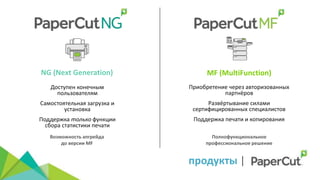 Доступен конечным
пользователям
Самостоятельная загрузка и
установка
Поддержка только функции
сбора статистики печати
NG (Next Generation)
Приобретение через авторизованных
партнёров
Развёртывание силами
сертифицированных специалистов
Поддержка печати и копирования
MF (MultiFunction)
Возможность апгрейда
до версии MF
Полнофункциональное
профессиональное решение
продукты |
 