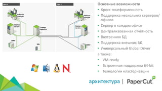 архитектура |
Основные возможности
• Кросс-платформенность
• Поддержка нескольких серверов/
офисов
• Сервер в каждом офисе
• Централизованная отчётность
• Внутренняя БД
• Поддержка внешних БД
• Универсальный Global Driver
а также:
• VM-ready
• Встроенная поддержка 64-bit
• Технологии кластеризации
Сервер
PaperCut
Сервер
печати
МФУ
Сервер
печати
Рабочая
станция
Рабочая
станция
МФУ
Офис А Офис Б
SQL
 