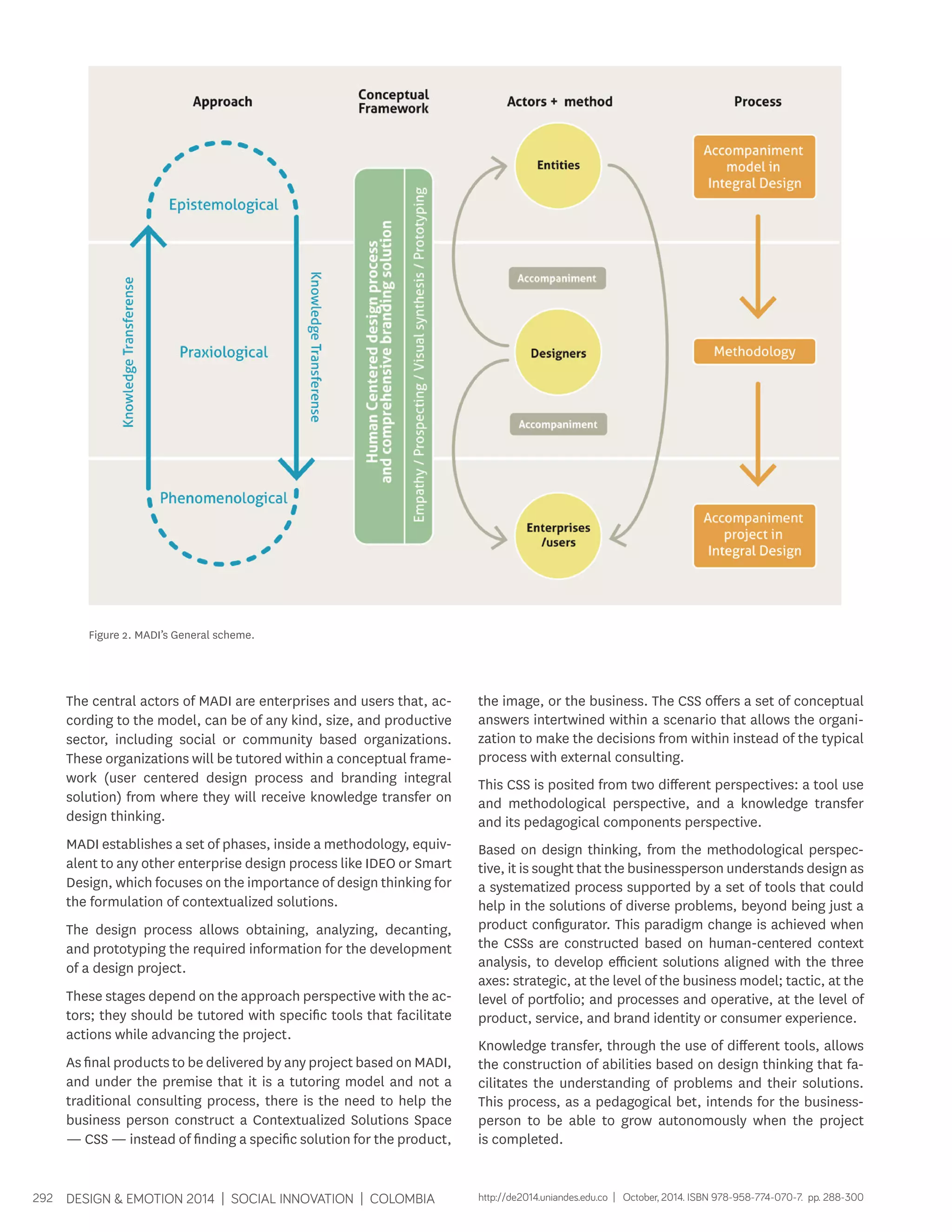 The central actors of MADI are enterprises and users that, ac-cording 
to the model, can be of any kind, size, and productive 
sector, including social or community based organizations. 
These organizations will be tutored within a conceptual frame-work 
(user centered design process and branding integral 
solution) from where they will receive knowledge transfer on 
design thinking. 
MADI establishes a set of phases, inside a methodology, equiv-alent 
to any other enterprise design process like IDEO or Smart 
Design, which focuses on the importance of design thinking for 
the formulation of contextualized solutions. 
The design process allows obtaining, analyzing, decanting, 
and prototyping the required information for the development 
of a design project. 
These stages depend on the approach perspective with the ac-tors; 
they should be tutored with specific tools that facilitate 
actions while advancing the project. 
As final products to be delivered by any project based on MADI, 
and under the premise that it is a tutoring model and not a 
traditional consulting process, there is the need to help the 
business person construct a Contextualized Solutions Space 
— CSS — instead of finding a specific solution for the product, 
292 DESIGN & EMOTION 2014 | SOCIAL INNOVATION | COLOMBIA 
the image, or the business. The CSS offers a set of conceptual 
answers intertwined within a scenario that allows the organi-zation 
to make the decisions from within instead of the typical 
process with external consulting. 
This CSS is posited from two different perspectives: a tool use 
and methodological perspective, and a knowledge transfer 
and its pedagogical components perspective. 
Based on design thinking, from the methodological perspec-tive, 
it is sought that the businessperson understands design as 
a systematized process supported by a set of tools that could 
help in the solutions of diverse problems, beyond being just a 
product configurator. This paradigm change is achieved when 
the CSSs are constructed based on human-centered context 
analysis, to develop efficient solutions aligned with the three 
axes: strategic, at the level of the business model; tactic, at the 
level of portfolio; and processes and operative, at the level of 
product, service, and brand identity or consumer experience. 
Knowledge transfer, through the use of different tools, allows 
the construction of abilities based on design thinking that fa-cilitates 
the understanding of problems and their solutions. 
This process, as a pedagogical bet, intends for the business-person 
to be able to grow autonomously when the project 
is completed. 
Figure 2. MADI’s General scheme. 
http://de2014.uniandes.edu.co | October, 2014. ISBN 978-958-774-070-7. pp. 288-300 
 