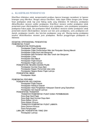 Definition and Recognition of Revenues 
21 
c. KLASIFIKASI PENDAPATAN 
Klasifikasi dilakukan untuk mempermudah pembaca laporan keuangan memahami isi laporan 
keuangan yang diberikan. Dengan adanya klasifikasi, maka dapat dilihat dengan jelas berapa 
besar pendapatan untuk tiap jenis bidang usaha yang dilakukan. Di Indonesia, pendapatan 
diklasifikasikan menurut sumber pendapatan. Klasifikasi menurut sumber pendapatan untuk 
pemerintah pusat dikelompokkan berdasarkan jenis pendapatan, yaitu pendapatan perpajakan, 
pendapatan bukan pajak, dan pendapatan hibah. Klasifikasi menurut sumber pendapatan untuk 
pemerintah daerah dikelompokkan menurut asal dan jenis pendapatan, yaitu pendapatan asli 
daerah, pendapatan transfer, dan lain- lain pendapatan yang sah. Masing-masing pendapatan 
tersebut diklasifikasikan menurut jenis pendapatan. Berikut penggolongan pendapatan di 
Indonesia: 
KEGIATAN OPERASIONAL PENDAPATAN 
PEMERINTAH PUSAT 
PENDAPATAN PERPAJAKAN 
Pendapatan Pajak Penghasilan 
Pendapatan Pajak Pertambahan Nilai dan Penjualan Barang Mewah 
Pendapatan Pajak Bumi dan Bangunan 
Pendapatan Bea Perolehan Hak atas Tanah dan Bangunan 
Pendapatan Cukai 
Pendapatan Bea Masuk 
Pendapatan Pajak Ekspor 
Pendapatan Pajak Lainnya 
PENDAPATAN NEGARA BUKAN PAJAK 
Pendapatan Sumber Daya Alam 
Pendapatan Bagian Pemerintah atas Laba 
Pendapatan Negara Bukan Pajak Lainnya 
PENDAPATAN HIBAH 
Pendapatan Hibah 
PEMERINTAH PROVINSI 
PENDAPATAN ASLI DAERAH 
Pendapatan Pajak Daerah 
Pendapatan Retribusi Daerah 
Pendapatan Hasil Pengelolaan Kekayaan Daerah yang Dipisahkan 
Pendapatan Asli Daerah Lainnya 
PENDAPATAN TRANSFER 
TRANSFER PEMERINTAH PUSAT-DANA PERIMBANGAN 
Dana Bagi Hasil Pajak 
Dana Bagi Hasil Sumber Daya Alam 
Dana Alokasi Umum 
Dana Alokasi Khusus 
TRANSFER PEMERINTAH PUSAT LAINNYA 
Dana Otonomi Khusus 
Dana Penyesuaian 
LAIN-LAIN PENDAPATAN YANG SAH 
Pendapatan Lainnya 
 