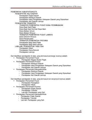 Definition and Recognition of Revenues 
22 
PEMERINTAH KABUPATEN/KOTA 
PENDAPATAN ASLI DAERAH 
Pendapatan Pajak Daerah 
Pendapatan Retribusi Daerah 
Pendapatan Hasil Pengelolaan Kekayaan Daerah yang Dipisahkan 
Pendapatan Asli Daerah Lainnya 
PENDAPATAN TRANSFER 
TRANSFER PEMERINTAH PUSAT-DANA PERIMBANGAN 
Dana Bagi Hasil Pajak 
Dana Bagi Hasil Sumber Daya Alam 
Dana Alokasi Umum 
Dana Alokasi Khusus 
TRANSFER PEMERINTAH PUSAT LAINNYA 
Dana Otonomi Khusus 
Dana Penyesuaian 
TRANSFER PEMERINTAH PROVINSI 
Pendapatan Bagi Hasil Pajak 
Pendapatan Bagi Hasil Lainnya 
LAIN-LAIN PENDAPATAN YANG SAH 
Pendapatan Hibah 
Pendapatan Dana Darurat 
Pendapatan Lainnya 
Dari klasifikasi pendapatan di atas, yang termasuk exchange revenue adalah: 
 Pendapatan Pemerintah Pusat: 
- Pendapatan Negara Bukan Pajak 
 Pendapatan Pemerintah Provinsi 
- Pendapatan Retribusi Daerah 
- Pendapatan Hasil Pengelolaan Kekayaan Daerah yang Dipisahkan 
- Pendapatan Asli Daerah Lainnya 
 Pendapatan Pemerintah Kabupaten/Kota 
- Pendapatan Retribusi Daerah 
- Pendapatan Hasil Pengelolaan Kekayaan Daerah yang Dipisahkan 
- Pendapatan Asli Daerah Lainnya 
Dari klasifikasi pendapatan di atas, yang termasuk non-reciprocal revenue adalah: 
 Pendapatan Pemerintah Pusat: 
- Pendapatan Perpajakan 
- Pendapatan Hibah 
 Pendapatan Pemerintah Provinsi 
- Pendapatan Pajak Daerah 
- Pendapatan Transfer 
- Lain-lain Pendapatan yang Sah 
 Pendapatan Pemerintah Kabupaten/Kota 
- Pendapatan Pajak Daerah 
- Pendapatan Transfer 
- Lain-lain Pendapatan yang Sah 
 