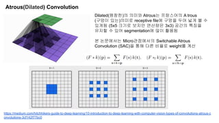 Atrous(Dilated) Convolution
Dilated(팽창한)의 의미와 Atrous는 프랑스어의 A trous
(구멍이 있는)의미로 receptive file에 구멍을 두어 넓게 볼 수
있게됨 (5x5 크기로 보지만 연산량은 3x3) 공간의 특징을
유지할 수 있어 segmentation에 많이 활용됨
본 논문에서는 Micro관점에서의 Switchable Atrous
Convolution (SAC)을 통해 다른 비율로 weight를 계산
https://medium.com/hitchhikers-guide-to-deep-learning/10-introduction-to-deep-learning-with-computer-vision-types-of-convolutions-atrous-c
onvolutions-3cf142f77bc0
 