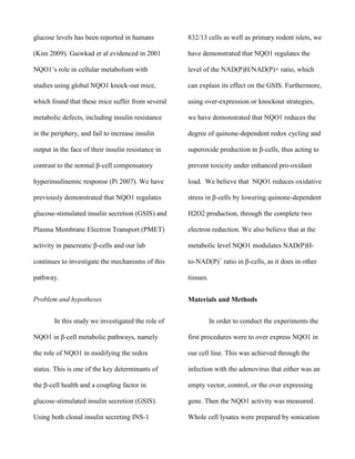 glucose levels has been reported in humans

832/13 cells as well as primary rodent islets, we

(Kim 2009). Gaiwkad et al evidenced in 2001

have demonstrated that NQO1 regulates the

NQO1’s role in cellular metabolism with

level of the NAD(P)H/NAD(P)+ ratio, which

studies using global NQO1 knock-out mice,

can explain its effect on the GSIS. Furthermore,

which found that these mice suffer from several

using over-expression or knockout strategies,

metabolic defects, including insulin resistance

we have demonstrated that NQO1 reduces the

in the periphery, and fail to increase insulin

degree of quinone-dependent redox cycling and

output in the face of their insulin resistance in

superoxide production in β-cells, thus acting to

contrast to the normal β-cell compensatory

prevent toxicity under enhanced pro-oxidant

hyperinsulinemic response (Pi 2007). We have

load. We believe that NQO1 reduces oxidative

previously demonstrated that NQO1 regulates

stress in β-cells by lowering quinone-dependent

glucose-stimulated insulin secretion (GSIS) and

H2O2 production, through the complete two

Plasma Membrane Electron Transport (PMET)

electron reduction. We also believe that at the

activity in pancreatic β-cells and our lab

metabolic level NQO1 modulates NAD(P)H-

continues to investigate the mechanisms of this

to-NAD(P)+ ratio in β-cells, as it does in other

pathway.

tissues.

Problem and hypotheses

Materials and Methods

In this study we investigated the role of

In order to conduct the experiments the

NQO1 in β-cell metabolic pathways, namely

first procedures were to over express NQO1 in

the role of NQO1 in modifying the redox

our cell line. This was achieved through the

status. This is one of the key determinants of

infection with the adenovirus that either was an

the β-cell health and a coupling factor in

empty vector, control, or the over expressing

glucose-stimulated insulin secretion (GSIS).

gene. Then the NQO1 activity was measured.

Using both clonal insulin secreting INS-1

Whole cell lysates were prepared by sonication

 