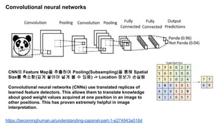 Convolutional neural networks
CNN의 Feature Map을 추출하여 Pooling(Subsampling)을 통해 Spatial
Size를 축소함(깊게 쌓아야 넓게 볼 수 있음) -> Location 정보가 손실됨
Convolutional neural networks (CNNs) use translated replicas of
learned feature detectors. This allows them to translate knowledge
about good weight values acquired at one position in an image to
other positions. This has proven extremely helpful in image
interpretation.
https://becominghuman.ai/understanding-capsnet-part-1-e274943a018d
 