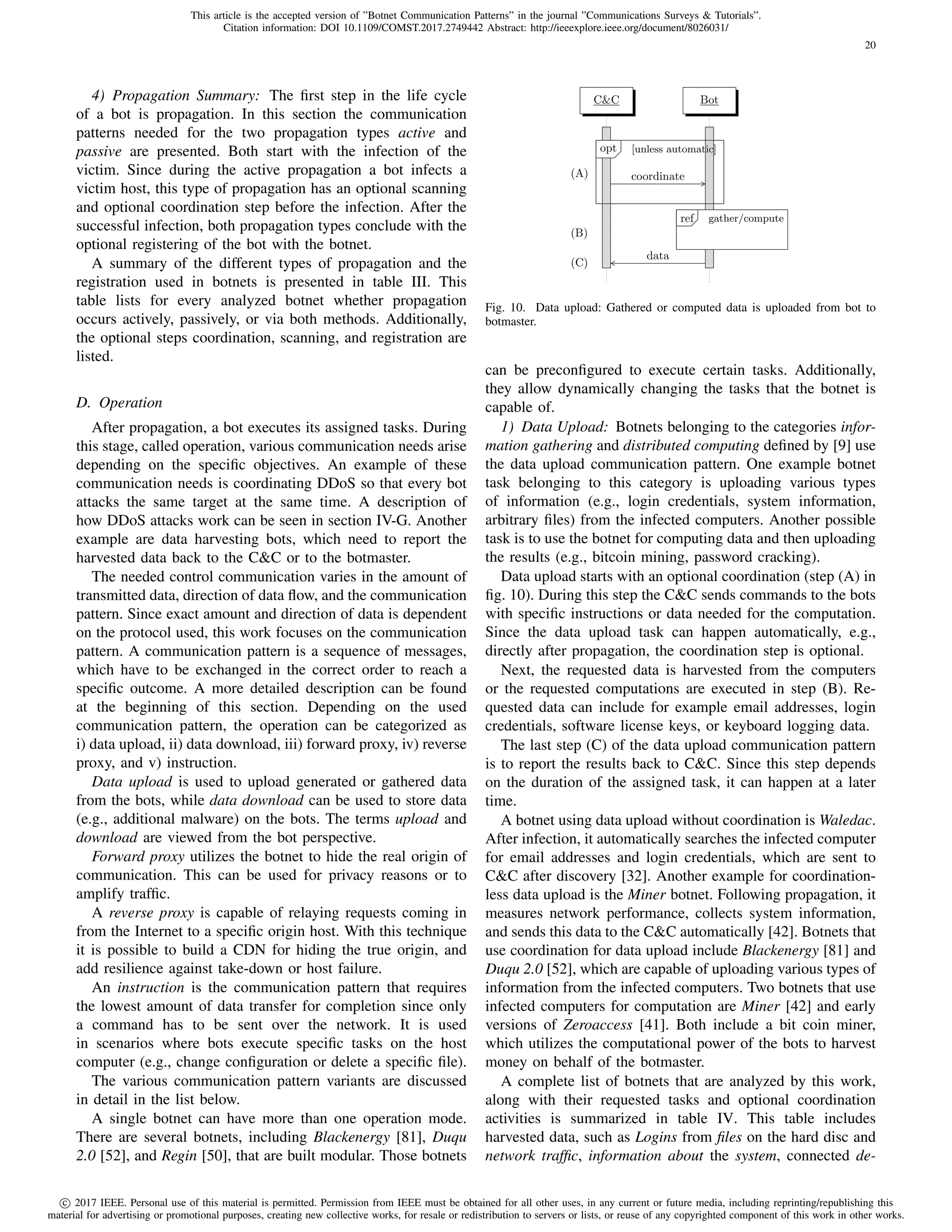 This article is the accepted version of ”Botnet Communication Patterns” in the journal ”Communications Surveys  Tutorials”.
Citation information: DOI 10.1109/COMST.2017.2749442 Abstract: http://ieeexplore.ieee.org/document/8026031/
c 2017 IEEE. Personal use of this material is permitted. Permission from IEEE must be obtained for all other uses, in any current or future media, including reprinting/republishing this
material for advertising or promotional purposes, creating new collective works, for resale or redistribution to servers or lists, or reuse of any copyrighted component of this work in other works.
20
4) Propagation Summary: The ﬁrst step in the life cycle
of a bot is propagation. In this section the communication
patterns needed for the two propagation types active and
passive are presented. Both start with the infection of the
victim. Since during the active propagation a bot infects a
victim host, this type of propagation has an optional scanning
and optional coordination step before the infection. After the
successful infection, both propagation types conclude with the
optional registering of the bot with the botnet.
A summary of the different types of propagation and the
registration used in botnets is presented in table III. This
table lists for every analyzed botnet whether propagation
occurs actively, passively, or via both methods. Additionally,
the optional steps coordination, scanning, and registration are
listed.
D. Operation
After propagation, a bot executes its assigned tasks. During
this stage, called operation, various communication needs arise
depending on the speciﬁc objectives. An example of these
communication needs is coordinating DDoS so that every bot
attacks the same target at the same time. A description of
how DDoS attacks work can be seen in section IV-G. Another
example are data harvesting bots, which need to report the
harvested data back to the CC or to the botmaster.
The needed control communication varies in the amount of
transmitted data, direction of data ﬂow, and the communication
pattern. Since exact amount and direction of data is dependent
on the protocol used, this work focuses on the communication
pattern. A communication pattern is a sequence of messages,
which have to be exchanged in the correct order to reach a
speciﬁc outcome. A more detailed description can be found
at the beginning of this section. Depending on the used
communication pattern, the operation can be categorized as
i) data upload, ii) data download, iii) forward proxy, iv) reverse
proxy, and v) instruction.
Data upload is used to upload generated or gathered data
from the bots, while data download can be used to store data
(e.g., additional malware) on the bots. The terms upload and
download are viewed from the bot perspective.
Forward proxy utilizes the botnet to hide the real origin of
communication. This can be used for privacy reasons or to
amplify trafﬁc.
A reverse proxy is capable of relaying requests coming in
from the Internet to a speciﬁc origin host. With this technique
it is possible to build a CDN for hiding the true origin, and
add resilience against take-down or host failure.
An instruction is the communication pattern that requires
the lowest amount of data transfer for completion since only
a command has to be sent over the network. It is used
in scenarios where bots execute speciﬁc tasks on the host
computer (e.g., change conﬁguration or delete a speciﬁc ﬁle).
The various communication pattern variants are discussed
in detail in the list below.
A single botnet can have more than one operation mode.
There are several botnets, including Blackenergy [81], Duqu
2.0 [52], and Regin [50], that are built modular. Those botnets
CC Bot
coordinate
optopt [unless automatic]
(A)
ref gather/computeref gather/compute
(B)
data
(C)
Fig. 10. Data upload: Gathered or computed data is uploaded from bot to
botmaster.
can be preconﬁgured to execute certain tasks. Additionally,
they allow dynamically changing the tasks that the botnet is
capable of.
1) Data Upload: Botnets belonging to the categories infor-
mation gathering and distributed computing deﬁned by [9] use
the data upload communication pattern. One example botnet
task belonging to this category is uploading various types
of information (e.g., login credentials, system information,
arbitrary ﬁles) from the infected computers. Another possible
task is to use the botnet for computing data and then uploading
the results (e.g., bitcoin mining, password cracking).
Data upload starts with an optional coordination (step (A) in
ﬁg. 10). During this step the CC sends commands to the bots
with speciﬁc instructions or data needed for the computation.
Since the data upload task can happen automatically, e.g.,
directly after propagation, the coordination step is optional.
Next, the requested data is harvested from the computers
or the requested computations are executed in step (B). Re-
quested data can include for example email addresses, login
credentials, software license keys, or keyboard logging data.
The last step (C) of the data upload communication pattern
is to report the results back to CC. Since this step depends
on the duration of the assigned task, it can happen at a later
time.
A botnet using data upload without coordination is Waledac.
After infection, it automatically searches the infected computer
for email addresses and login credentials, which are sent to
CC after discovery [32]. Another example for coordination-
less data upload is the Miner botnet. Following propagation, it
measures network performance, collects system information,
and sends this data to the CC automatically [42]. Botnets that
use coordination for data upload include Blackenergy [81] and
Duqu 2.0 [52], which are capable of uploading various types of
information from the infected computers. Two botnets that use
infected computers for computation are Miner [42] and early
versions of Zeroaccess [41]. Both include a bit coin miner,
which utilizes the computational power of the bots to harvest
money on behalf of the botmaster.
A complete list of botnets that are analyzed by this work,
along with their requested tasks and optional coordination
activities is summarized in table IV. This table includes
harvested data, such as Logins from ﬁles on the hard disc and
network trafﬁc, information about the system, connected de-
 