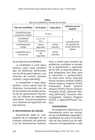 350 Revista Expresión Tecnológica. IUTC. Vol. 2 Nº 2. 2013
María Zuleima Pérez Roa, Aparicio Navas García, José T. Torres Bello
de estudio de la estabilidad.
La estabilidad a corto plazo
(Gómez, 2002: 544) considera
que las dinámicas dominantes
son las de los generadores y sus
sistemas de control primario
(voltaje y carga-velocidad).
La estabilidad a largo plazo
(Gómez, 2002) supone que las
dinámicas involucradas son las
de las fuentes de energía prima-
ria de los generadores sincróni-
cos, los sistemas de regulación
secundaria frecuencia-potencia
y los sistemas de regulación vol-
taje-reactiva.
6. Herramientas de cálculo
Actualmente dada la com-
plejidad de la topología de los
sistemas eléctricos de potencia
y de las herramientas matemá-
ticas a utilizar para resolver los
problemas asociados al estudio
de la planificación y operación
de los SEP, es imprescindible uti-
lizar programas con fines para
la educación o profesionales.
Se citan entre otros: Transient
Power Systems Analysis (PSAT),
Power Systems Explorer (PSX),
Framework Power Systems
Analysis (PSAF), Power Systems
Simulator (PSS), Network Plan-
ning (NEPLAN), Transient Elec-
tromagnetic Analysis Program
(ETAP) y DigSILENTPower Fac-
tory.
Conclusiones
Se establece la diferencia y la
interrelación entre los concep-
tos de confiabilidad, seguridad y
estabilidad así como la clasifica-
ción de esta última con las defi-
niciones correspondiente a cada
Tabla 1
Tipo de estabilidad y tiempo de estudio.
Tipo de estabilidad Corto plazo Largo plazo
Dinámica de los
equipos
Estabilidad ante
pequeñas señales
10-20 s
E
Consideración
de equipos de
acción lenta y/o
rápida
Estabilidad
transitoria
3- 5 s y 10-
20 s
Estabilidad del
voltaje
Varios
segundos
Varios
minutos
Estabilidad de la
frecuencia
Fracciones
de
segundos
Varios
minutos
 