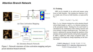 Attention Branch Network
CAM에 Attention의 개념을 적용한 것으로
Feature Map를 뽑아 Attention Mechanism을
적용하여 End to End로 학습
 