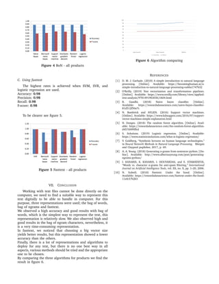 Figure 4 BoN - all products
C. Using fasttext
The highest rates is achieved when SVM, SVR, and
logistic regression are used.
Accuracy: 0.98
Precision: 0.98
Recall: 0.98
F-score: 0.98
To be clearer see ﬁgure 5.
Figure 5 Fasttext - all products
VII. CONCLUSION
Working with text ﬁles cannot be done directly on the
computer, we need to ﬁnd a suitable way to represent this
text digitally to be able to handle in computer. For this
purpose, three representations were used; the bag of words,
bag of ngrams and fasttext.
We observed a high accuracy and good results with bag of
words, which is the simplest way to represent the text, this
representation is relatively slow. We also observed high and
good results in the bag of ngram characters, nevertheless, it
is a very time-consuming representation.
In fasttext, we noticed that choosing a big vector size
yields better results, but this representation showed a lower
accuracy than the others.
Finally, there is a lot of representations and algorithms to
deploy for any text, but there is no one best way in all
aspects, various methods should be tried and the appropriate
one to be chosen.
By comparing the three algorithms for products we ﬁnd the
result in ﬁgure 6.
Figure 6 Algorithm comparing
REFERENCES
[1] D. M. J. Garbade. (2018) A simple introduction to natural language
processing. [Online]. Available: https://becominghuman.ai/a-
simple-introduction-to-natural-language-processing-ea66a1747b32
[2] O’Reilly. (2019) Text vectorization and transformation pipelines.
[Online]. Available: https://www.oreilly.com/library/view/applied-
text-analysis/9781491963036/ch04.html
[3] R. Gandhi. (2018) Naive bayes classiﬁer. [Online].
Available: https://towardsdatascience.com/naive-bayes-classiﬁer-
81d512f50a7c
[4] N. Bambrick and AYLIEN. (2016) Support vector machines.
[Online]. Available: https://www.kdnuggets.com/2016/07/support-
vector-machines-simple-explanation.html
[5] N. Donges. (2018) The random forest algorithm. [Online]. Avail-
able: https://towardsdatascience.com/the-random-forest-algorithm-
d457d499ffcd
[6] S. Solutions. (2019) Logistic regression. [Online]. Available:
https://www.statisticssolutions.com/what-is-logistic-regression/
[7] Y. Goldberg, “Synthesis lectures on human language technologies,”
in Neural Network Methods in Natural Language Processing. Morgan
and Claypool puplisher, 2017, p. 69.
[8] A. A. Yeung. (2018) Generating n-grams from sentences python. [On-
line]. Available: http://www.albertauyeung.com/post/generating-
ngrams-python/
[9] I. KANARIS, K. KANARIS, I. HOUVARDAS, and E. STAMATATOS,
“Words vs. character n-grams for anti-spam ﬁltering,” International
Journal on Artiﬁcial Intelligence Tools, vol. XX, no. X, pp. 1–20, 2006.
[10] N. Subedi. (2018) Fasttext: Under the hood. [Online].
Available: https://towardsdatascience.com/fasttext-under-the-hood-
11efc57b2b3
 