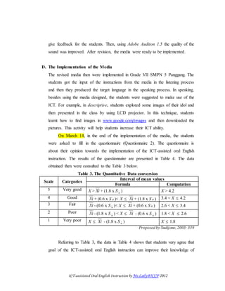 ICT-assisisted Oral English Instruction by Ms.Laily@ICCP 2012
give feedback for the students. Then, using Adobe Auditon 1.5 the quality of the
sound was improved. After revision, the media were ready to be implemented.
D. The Implementation of the Media
The revised media then were implemented in Grade VII SMPN 5 Panggang. The
students got the input of the instructions from the media in the listening process
and then they produced the target language in the speaking process. In speaking,
besides using the media designed, the students were suggested to make use of the
ICT. For example, in descriptive, students explored some images of their idol and
then presented in the class by using LCD projector. In this technique, students
learnt how to find images in www.google.com/images and then downloaded the
pictures. This activity will help students increase their ICT ability.
On March 14, in the end of the implementation of the media, the students
were asked to fill in the questionnaire (Questionnaire 2). The questionnaire is
about their opinion towards the implementation of the ICT-assisted oral English
instruction. The results of the questionnaire are presented in Table 4. The data
obtained then were consulted to the Table 3 below.
Table 3. The Quantitative Data conversion
Scale Categories
Interval of mean values
Formula Computation
5 Very good X > Xi + (1.8 x S i
x
) X > 4.2
4 Good Xi + (0.6 x S i
x )< X  Xi + (1.8 x S i
x ) 3.4 < X  4.2
3 Fair Xi - (0.6 x S i
x
)< X  Xi + (0.6 x S i
x ) 2.6 < X  3.4
2 Poor Xi - (1.8 x S i
x
) < X  Xi - (0.6 x S i
x
) 1.8 < X  2.6
1 Very poor X  Xi - (1.8 x S i
x
) X  1.8
Proposed by Sudijono,2003: 339
Referring to Table 3, the data in Table 4 shows that students very agree that
goal of the ICT-assisted oral English instruction can improve their knowledge of
 