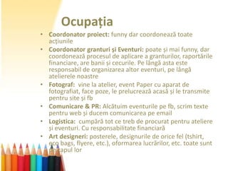 Ocupația
• Coordonator proiect: funny dar coordonează toate
  acțiunile
• Coordonator granturi și Eventuri: poate și mai funny, dar
  coordonează procesul de aplicare a granturilor, raportările
  financiare, are banii și cecurile. Pe lângă asta este
  responsabil de organizarea altor eventuri, pe lângă
  atelierele noastre
• Fotograf: vine la atelier, event Paper cu aparat de
  fotografiat, face poze, le prelucrează acasă și le transmite
  pentru site și fb
• Comunicare & PR: Alcătuim eventurile pe fb, scrim texte
  pentru web și ducem comunicarea pe email
• Logistica: cumpără tot ce treb de procurat pentru ateliere
  și eventuri. Cu responsabilitate financiară
• Art designeri: posterele, designurile de orice fel (tshirt,
  eco bags, flyere, etc.), oformarea lucrărilor, etc. toate sunt
  pe capul lor
 