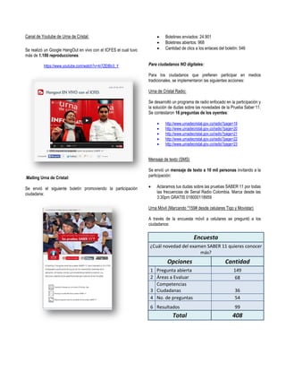 Canal de Youtube de Urna de Cristal: 
Se realizó un Google HangOut en vivo con el ICFES el cual tuvo más de 1.100 reproducciones: 
https://www.youtube.com/watch?v=4r7ZEtBn3_Y 
.Mailing Urna de Cristal: 
Se envió el siguiente boletín promoviendo la participación ciudadana: 
 Boletines enviados: 24.901 
 Boletines abiertos: 968 
 Cantidad de clics a los enlaces del boletín: 546 
Para ciudadanos NO digitales: 
Para los ciudadanos que prefieren participar en medios tradicionales, se implementaron las siguientes acciones: 
Urna de Cristal Radio: 
Se desarrolló un programa de radio enfocado en la participación y la solución de dudas sobre las novedades de la Prueba Saber 11. Se contestaron 16 preguntas de los oyentes: 
 http://www.urnadecristal.gov.co/radio?page=19 
 http://www.urnadecristal.gov.co/radio?page=20 
 http://www.urnadecristal.gov.co/radio?page=21 
 http://www.urnadecristal.gov.co/radio?page=22 
 http://www.urnadecristal.gov.co/radio?page=23 
Mensaje de texto (SMS) 
Se envió un mensaje de texto a 10 mil personas invitando a la participación: 
 Aclaramos tus dudas sobre las pruebas SABER 11 por todas las frecuencias de Senal Radio Colombia. Marca desde las 3:30pm GRATIS 018000118959 
Urna Móvil (Marcando *159# desde celulares Tigo y Movistar) 
A través de la encuesta móvil a celulares se preguntó a los ciudadanos: 
Encuesta ¿Cuál novedad del examen SABER 11 quieres conocer más? Opciones Cantidad 1 Pregunta abierta 149 2 Áreas a Evaluar 68 3 Competencias Ciudadanas 36 4 No. de preguntas 54 6 Resultados 99 Total 408 
 