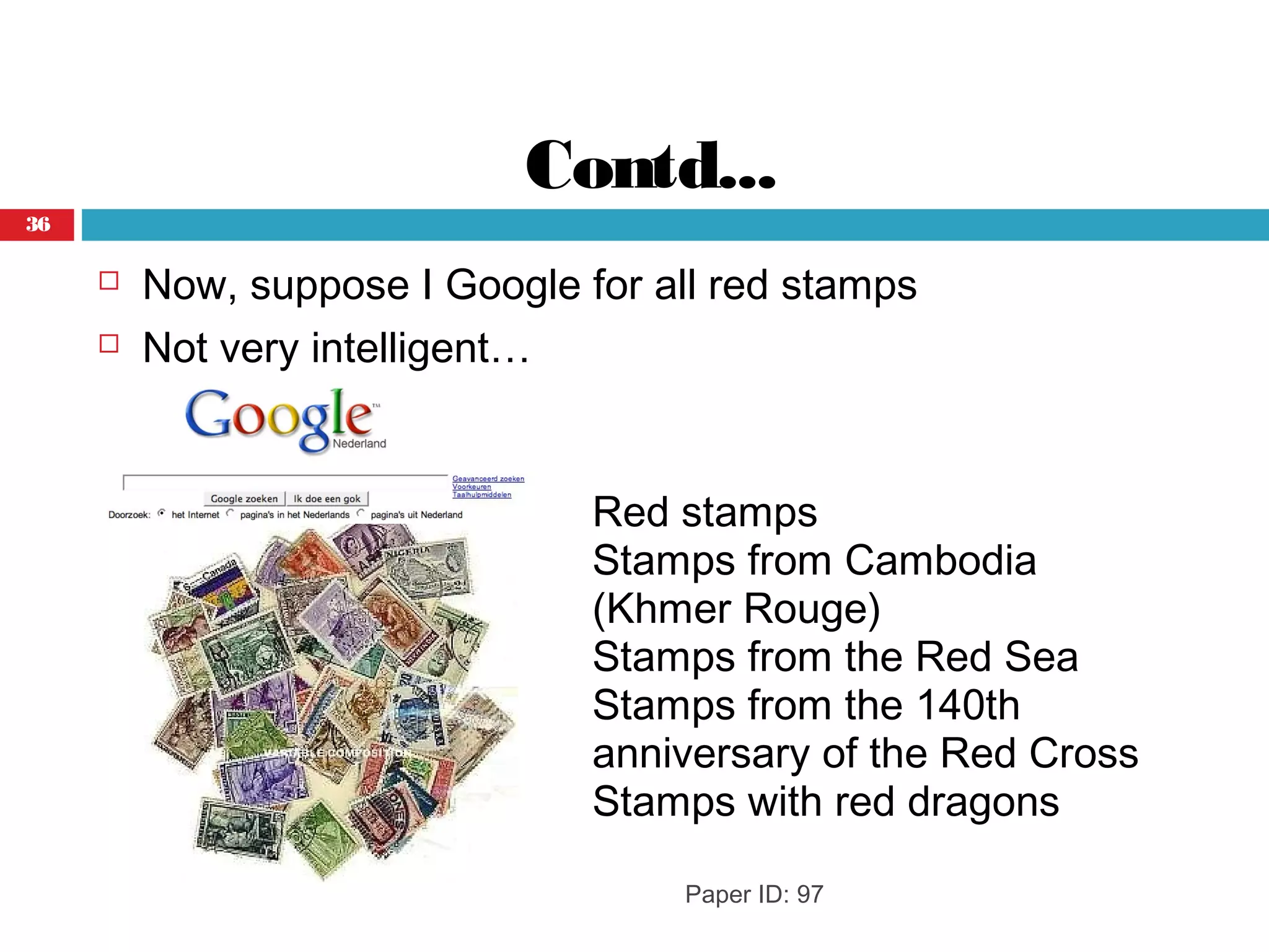 Contd...
 Now, suppose I Google for all red stamps
 Not very intelligent…
Paper ID: 97
Red stamps
Stamps from Cambodia
(Khmer Rouge)
Stamps from the Red Sea
Stamps from the 140th
anniversary of the Red Cross
Stamps with red dragons
36
 