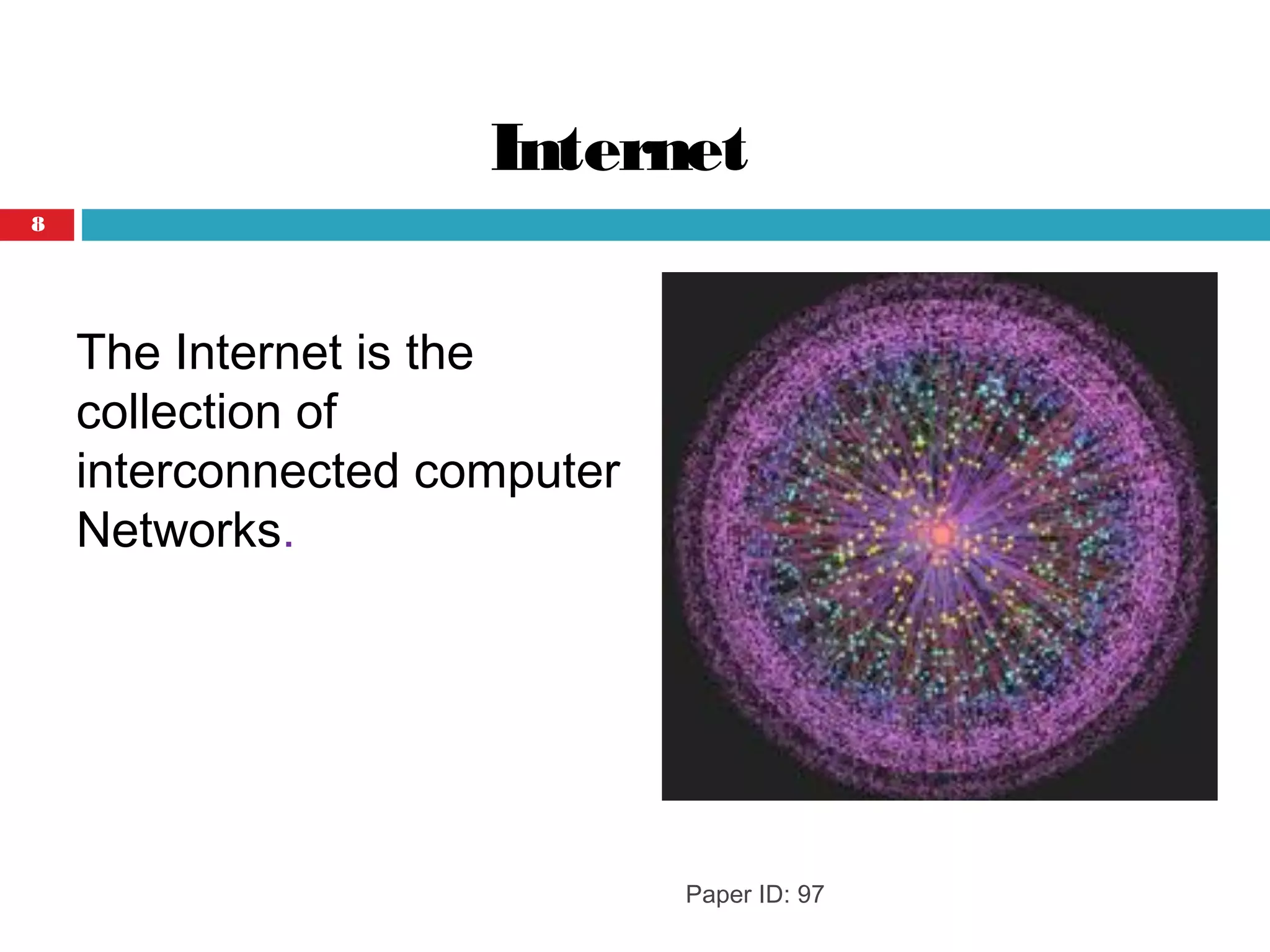 Internet
Paper ID: 97
The Internet is the
collection of
interconnected computer
Networks.
8
 