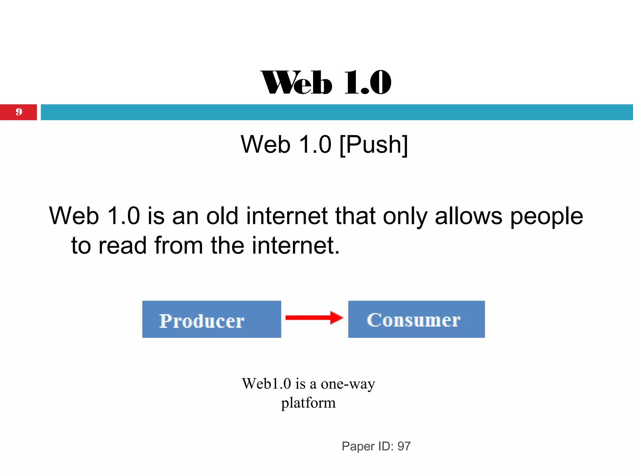 Web 1.0
Web 1.0 [Push]
Web 1.0 is an old internet that only allows people
to read from the internet. 
Paper ID: 97
Web1.0 is a one-way
platform
9
 