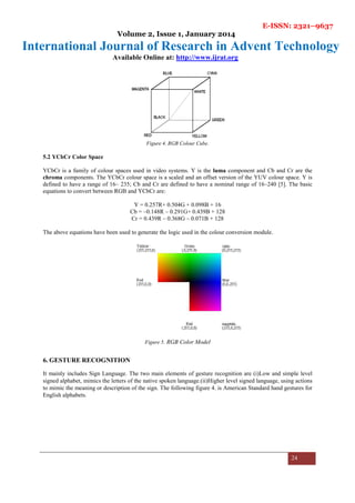 E-ISSN: 2321–9637
Volume 2, Issue 1, January 2014
International Journal of Research in Advent Technology
Available Online at: http://www.ijrat.org
24
Figure 4. RGB Colour Cube.
5.2 YCbCr Color Space
YCbCr is a family of colour spaces used in video systems. Y is the luma component and Cb and Cr are the
chroma components. The YCbCr colour space is a scaled and an offset version of the YUV colour space. Y is
defined to have a range of 16– 235; Cb and Cr are defined to have a nominal range of 16–240 [5]. The basic
equations to convert between RGB and YCbCr are:
Y = 0.257R+ 0.504G + 0.098B + 16
Cb = –0.148R – 0.291G+ 0.439B + 128
Cr = 0.439R – 0.368G – 0.071B + 128
The above equations have been used to generate the logic used in the colour conversion module.
Figure 5. RGB Color Model
6. GESTURE RECOGNITION
It mainly includes Sign Language. The two main elements of gesture recognition are (i)Low and simple level
signed alphabet, mimics the letters of the native spoken language.(ii)Higher level signed language, using actions
to mimic the meaning or description of the sign. The following figure 4. is American Standard hand gestures for
English alphabets.
 
