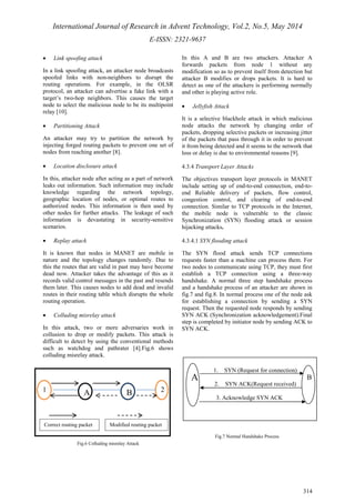 International Journal of Research in Advent Technology, Vol.2, No.5, May 2014 
E-ISSN: 2321-9637 
A B 
314 
· Link spoofing attack 
In a link spoofing attack, an attacker node broadcasts 
spoofed links with non-neighbors to disrupt the 
routing operations. For example, in the OLSR 
protocol, an attacker can advertise a fake link with a 
target’s two-hop neighbors. This causes the target 
node to select the malicious node to be its multipoint 
relay [10]. 
· Partitioning Attack 
An attacker may try to partition the network by 
injecting forged routing packets to prevent one set of 
nodes from reaching another [8]. 
· Location disclosure attack 
In this, attacker node after acting as a part of network 
leaks out information. Such information may include 
knowledge regarding the network topology, 
geographic location of nodes, or optimal routes to 
authorized nodes. This information is then used by 
other nodes for further attacks. The leakage of such 
information is devastating in security-sensitive 
scenarios. 
· Replay attack 
It is known that nodes in MANET are mobile in 
nature and the topology changes randomly. Due to 
this the routes that are valid in past may have become 
dead now. Attacker takes the advantage of this as it 
records valid control messages in the past and resends 
them later. This causes nodes to add dead and invalid 
routes in their routing table which disrupts the whole 
routing operation. 
· Colluding misrelay attack 
In this attack, two or more adversaries work in 
collusion to drop or modify packets. This attack is 
difficult to detect by using the conventional methods 
such as watchdog and pathrater [4].Fig.6 shows 
colluding misrelay attack. 
Fig.6 Colluding misrelay Attack 
In this A and B are two attackers. Attacker A 
forwards packets from node 1 without any 
modification so as to prevent itself from detection but 
attacker B modifies or drops packets. It is hard to 
detect as one of the attackers is performing normally 
and other is playing active role. 
· Jellyfish Attack 
It is a selective blackhole attack in which malicious 
node attacks the network by changing order of 
packets, dropping selective packets or increasing jitter 
of the packets that pass through it in order to prevent 
it from being detected and it seems to the network that 
loss or delay is due to environmental reasons [9]. 
4.3.4 Transport Layer Attacks 
The objectives transport layer protocols in MANET 
include setting up of end-to-end connection, end-to-end 
Reliable delivery of packets, flow control, 
congestion control, and clearing of end-to-end 
connection. Similar to TCP protocols in the Internet, 
the mobile node is vulnerable to the classic 
Synchronization (SYN) flooding attack or session 
hijacking attacks. 
4.3.4.1 SYN flooding attack 
The SYN flood attack sends TCP connections 
requests faster than a machine can process them. For 
two nodes to communicate using TCP, they must first 
establish a TCP connection using a three-way 
handshake. A normal three step handshake process 
and a handshake process of an attacker are shown in 
fig.7 and fig.8. In normal process one of the node ask 
for establishing a connection by sending a SYN 
request. Then the requested node responds by sending 
SYN ACK (Synchronization acknowledgement).Final 
step is completed by initiator node by sending ACK to 
SYN ACK. 
Fig.7 Normal Handshake Process 
1 A B 2 
Correct routing packet Modified routing packet 
1. SYN (Request for connection) 
2. SYN ACK(Request received) 
3. Acknowledge SYN ACK 
 