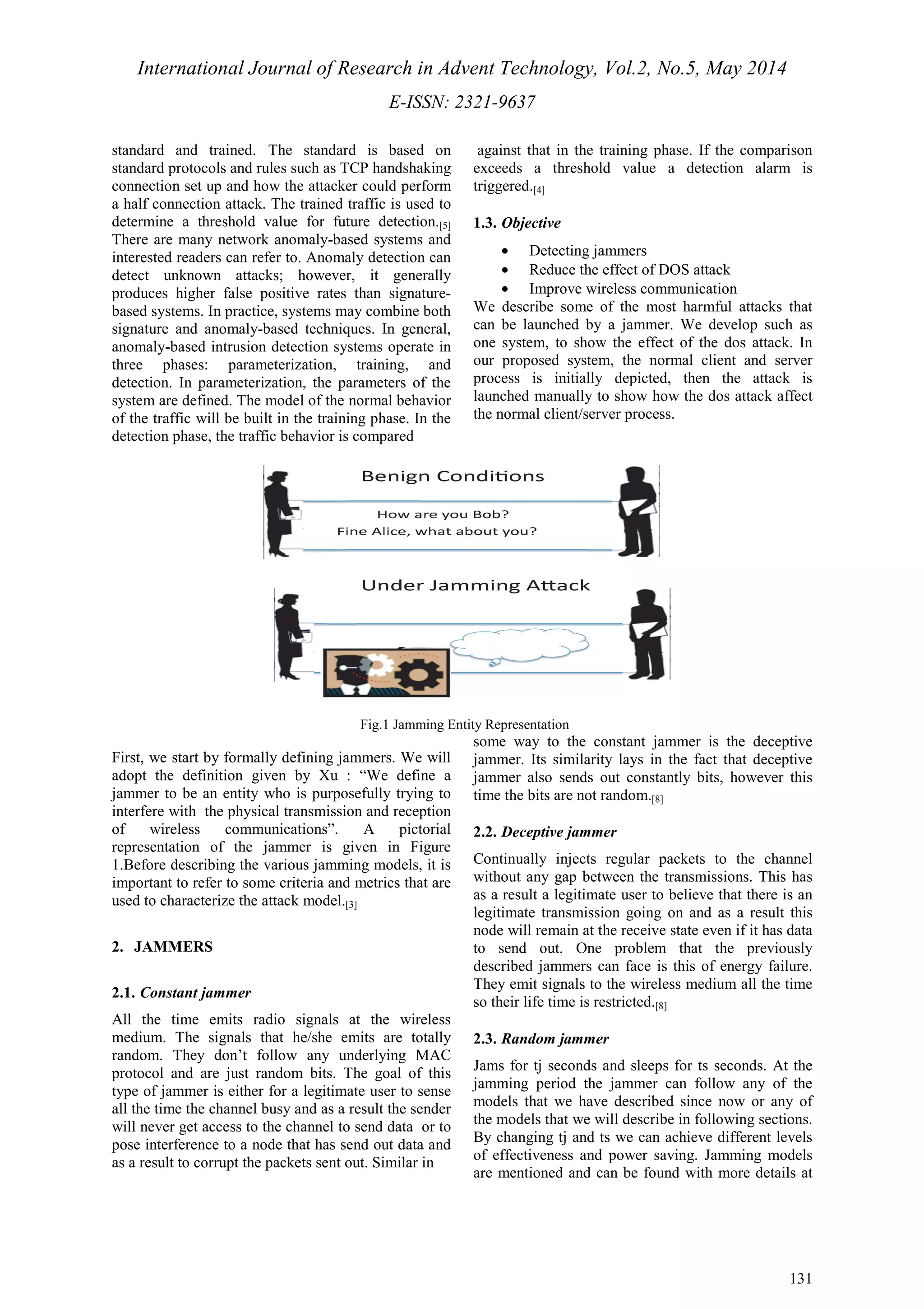 International Journal of Research in Advent Technology, Vol.2, No.5, May 2014 
E-ISSN: 2321-9637 
131 
standard and trained. The standard is based on 
standard protocols and rules such as TCP handshaking 
connection set up and how the attacker could perform 
a half connection attack. The trained traffic is used to 
determine a threshold value for future detection.[5] 
There are many network anomaly-based systems and 
interested readers can refer to. Anomaly detection can 
detect unknown attacks; however, it generally 
produces higher false positive rates than signature-based 
systems. In practice, systems may combine both 
signature and anomaly-based techniques. In general, 
anomaly-based intrusion detection systems operate in 
three phases: parameterization, training, and 
detection. In parameterization, the parameters of the 
system are defined. The model of the normal behavior 
of the traffic will be built in the training phase. In the 
detection phase, the traffic behavior is compared 
against that in the training phase. If the comparison 
exceeds a threshold value a detection alarm is 
triggered.[4] 
1.3. Objective 
· Detecting jammers 
· Reduce the effect of DOS attack 
· Improve wireless communication 
We describe some of the most harmful attacks that 
can be launched by a jammer. We develop such as 
one system, to show the effect of the dos attack. In 
our proposed system, the normal client and server 
process is initially depicted, then the attack is 
launched manually to show how the dos attack affect 
the normal client/server process. 
Fig.1 Jamming Entity Representation 
First, we start by formally defining jammers. We will 
adopt the definition given by Xu : “We define a 
jammer to be an entity who is purposefully trying to 
interfere with the physical transmission and reception 
of wireless communications”. A pictorial 
representation of the jammer is given in Figure 
1.Before describing the various jamming models, it is 
important to refer to some criteria and metrics that are 
used to characterize the attack model.[3] 
2. JAMMERS 
2.1. Constant jammer 
All the time emits radio signals at the wireless 
medium. The signals that he/she emits are totally 
random. They don’t follow any underlying MAC 
protocol and are just random bits. The goal of this 
type of jammer is either for a legitimate user to sense 
all the time the channel busy and as a result the sender 
will never get access to the channel to send data or to 
pose interference to a node that has send out data and 
as a result to corrupt the packets sent out. Similar in 
some way to the constant jammer is the deceptive 
jammer. Its similarity lays in the fact that deceptive 
jammer also sends out constantly bits, however this 
time the bits are not random.[8] 
2.2. Deceptive jammer 
Continually injects regular packets to the channel 
without any gap between the transmissions. This has 
as a result a legitimate user to believe that there is an 
legitimate transmission going on and as a result this 
node will remain at the receive state even if it has data 
to send out. One problem that the previously 
described jammers can face is this of energy failure. 
They emit signals to the wireless medium all the time 
so their life time is restricted.[8] 
2.3. Random jammer 
Jams for tj seconds and sleeps for ts seconds. At the 
jamming period the jammer can follow any of the 
models that we have described since now or any of 
the models that we will describe in following sections. 
By changing tj and ts we can achieve different levels 
of effectiveness and power saving. Jamming models 
are mentioned and can be found with more details at 
 