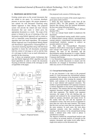 International Journal of Research in Advent Technology, Vol.3, No.7, July 2015
E-ISSN: 2321-9637
94
3. PROPOSED ARCHITECTURE
Existing system gives us the several documents that
are related to our query. To overcome drawback
presents in previous papers, this project proposed a
new scheme for web Document Clustering using
Hybrid Approach in Data Mining. Our proposed
system will provide the related and most relevant
documents that user wants or which gives the
appropriate documents as a result. The scope of the
project is limited to the use of clustering of the web
documents using Hybrid Approach such as content as
well as hyperlinks using hierarchical agglomerative
algorithm and Link based algorithms. The proposed
Hybrid Approach uses Concept-Based Mining Model
and Hierarchical Agglomerative Clustering(HAC) as
a document clustering algorithm along with link based
algorithm to cluster the web documents considering
both the content of web page as well as and the links
of a web page in order to use as much information as
possible for the clustering.
Fig. 1 shows our proposed system Architecture that
uses the Hybrid Approach (HAC algorithm and Link
based algorithm) in order to cluster the documents
focusing on both the contents of the web page as well
as hyperlinks in the pages.
Figure 1. Proposed System
Our proposed work consists of following steps.
1. Retrieve the list of results of the search engine for a
given query (meta-crawler).
2. Select the most important results from all the
retrieved URLs. For that purpose, we applied a
function that chooses from the returned documents,
the best ones using following function,
average _ relevance = # returned URLs/# different
absolute URLs
3. Now use concept based model to preprocess the
documents.
4 Apply concept-based mining model which consists
of sentence-based concept analysis, document-based
concept analysis, corpus-based concept-analysis, and
concept-based similarity measure to achieve an
accurate analysis of concepts.
5. Then apply the Concept-Based Document
Similarity which allows measuring the importance of
each concept with respect to the semantics of the
sentence, the topic of the document, and the
discrimination among documents in a corpus. Quality
of clustering is evaluated using two quality measures,
F-measure and Entropy.
6. Use Hierarchical Agglomerative Clustering (HAC)
to group the similar documents in clusters and the
documents are arranged in hierarchical structure to
make easy access of web documents.
3.1. Concept based mining model
A raw text document is the input to the proposed
model [1]. Each document has well-defined sentence
boundaries. Each sentence in the document is labeled
automatically based. After running the semantic role
labeler, each sentence in the document might have
one or more labeled verb argument structures. The
number of generated labeled verb argument structures
is entirely dependent on the amount of information in
the sentence. The sentence that has many labeled verb
argument structures includes many verbs associated
with their arguments. The labeled verb argument
structures, the output of the role labeling task, are
captured and analyzed by the concept-based mining
model on sentence, document, and corpus levels. In
this model, both the verb and the argument are
considered as terms. One term can be an argument to
more than one verb in the same sentence. This means
that this term can have more than one semantic role in
the same sentence. In such cases, this term plays
important semantic roles that contribute to the
meaning of the sentence. In the concept-based mining
model, a labeled terms either word or phrase is
considered as concept.
The objective behind the concept-based analysis task
is to achieve an accurate analysis of concepts on the
sentence, document, and corpus levels rather than a
single-term analysis on the document only.
 