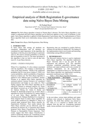 International Journal of Research in Advent Technology, Vol.7, No.1, January 2019
E-ISSN: 2321-9637
Available online at www.ijrat.org
336
Empirical analysis of Birth Registration E-governance
data using Naïve Bayes Data Mining
Dr Pushpal Desai1
Department of ICT1,
,Veer Narmad South Gujarat University, Surat1
Email: desaipushpal@hotmail.com
Abstract-The Naïve Bayes algorithm is based on Thomas Baye’s theorem. The Naïve Bayes algorithm is very
simple to understand and Naïve Bayes algorithm can be effectively applied to solve verity of problems. In this
paper, Naïve Bayes algorithm is applied on Birth Registration E-governance data. The implementation of Naïve
Bayes algorithm finds novel relationship among various attributes related to Birth Registration e-governance
data.
Index Terms-Naïve Bayes, Birth Registration, Data Mining.
1. INTRODUCTION
In Naïve Bayes data mining, all attributes are
considered independent and all attributes are
considered for equal importance. In the algorithm, the
hypothesis is that the given data belong to a particular
class [1]. We need to calculate probability to calculate
that our hypothesis is true [1]. The major advantage of
this algorithm is that we need to scan all data only
once [1]. As per Bayes theorem,
( ( | ) = ( ( | ) ( )) ( )
Where H is a hypothesis, E is the evidence associated
with the hypothesis. The evidence is determined by
value of the input attributes. P(E|H) is the conditional
probability that H is true given evidence E. P(H) is an
a priori probability, which is probability of hypothesis
based on evidence [2]. The Naïve Bayes algorithm is
applied to solve different types of problems. Jasmine
Norman et al, applied Naïve Bayes algorithm for
sentiment analysis. Jasmine Norman et al. considered
demonetization and budget as case study [3]. Their
finding suggests that Naïve Bayes algorithm can be
effectively utilized in sentiment analysis [3]. Pisote
and Bhuyar reviewed use of Naïve Bayes algorithm
for Opinion Mining [4]. Ankita R. Borkar and
Prashant R. Deshmukh proposed use of Naïve Bayes
algorithm for Swine Flu prediction [5]. Ishtiaq Ahmed
et al used Naïve Bayes algorithm for SMS
classification [6]. Mahajan Shubhrata D et al proposed
block diagram based on Naïve Bayes algorithm for
stock market prediction [7]. Babajide O. Afeni et al
research paper proposed Naïve Bayes classifier for
Hypertension Prediction. Their results indicate that
Naïve Bayes classifier can be effectively used for
prediction for diseases [8]. S Vijayarani and S Deepa
proposed Naïve Bayes Classification for Predicting
Diseases in Haemoglobin Protein Sequences. Their
results suggest that Naïve Bayes Classification is
useful in predicting diseases [9]. Considering various
literature, in this paper, all attributes related to Birth
Registration data are considered to predict Delivery
Attention ID and Delivery Method ID. The finding of
the implementation shows novel trends and interesting
relationships among different attributes.
2. METHODOLOGY
The Microsoft Analysis Service is used to implement
Naïve Bayes algorithm. The algorithm implements
Bayes’ theorems and it can be used for data
exploration and prediction [10]. This algorithm
calculates conditional probability between input
attributes and output attributes and it also consider all
attributes independent. As all attributes are
independent it is referred as Naïve [11]. The Microsoft
Naïve Bayes algorithm was implemented considering
parameters mentioned as per Table 1 [11].
Table 1. Naïve Bayes algorithm Parameters.
Name of parameter Description
MAXIMUM_
INPUT_
ATTRIBUTES
To configure number of
input attributes
MAXIMUM
_OUTPUT
_ATTRIBUTES
To configure number of
output attributes
MINIMUM
_STATES
To configure number of
values to be considered for
attributes
In the next phase, various input attributes and output
attributes were selected to implement Naïve Bayes
algorithm. The Birth Date attribute was selected as
key value as it is required to identify each row
uniquely from the data set. Considering analytical
needs, various attributes were selected as per Figure 1.
 