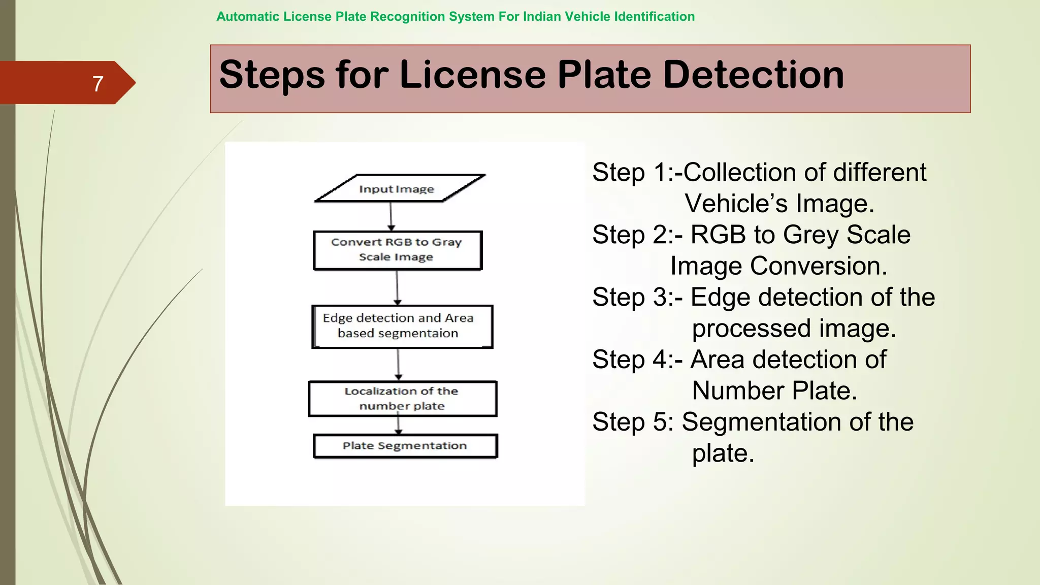 Steps for License Plate Detection
Step 1:-Collection of different
Vehicle’s Image.
Step 2:- RGB to Grey Scale
Image Conversion.
Step 3:- Edge detection of the
processed image.
Step 4:- Area detection of
Number Plate.
Step 5: Segmentation of the
plate.
Automatic License Plate Recognition System For Indian Vehicle Identification
7
 