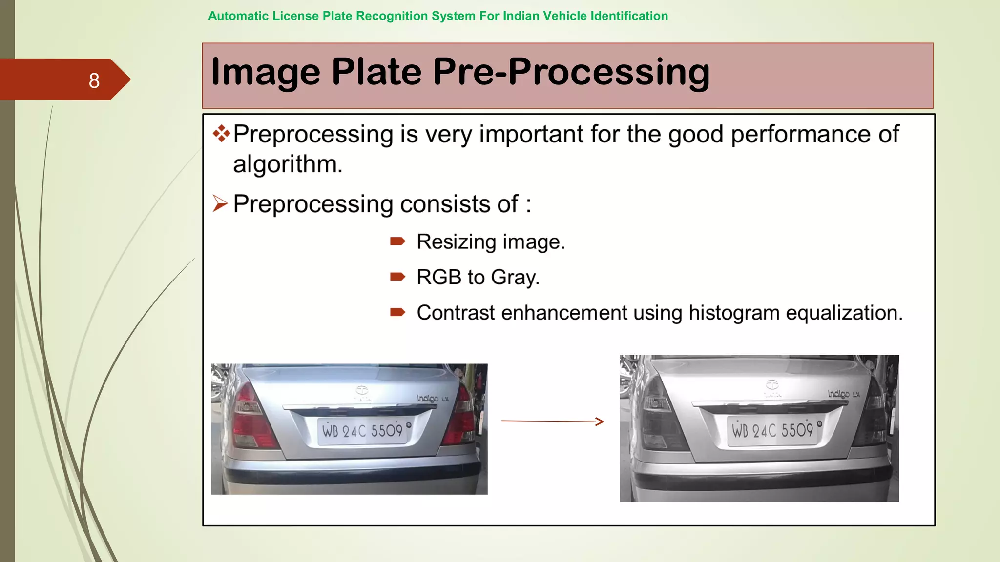 Image Plate Pre-Processing
Automatic License Plate Recognition System For Indian Vehicle Identification
8
 
