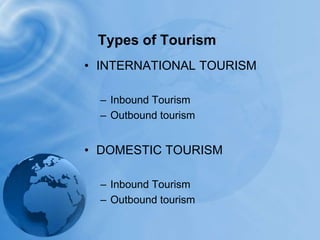 Types of TourismINTERNATIONAL TOURISMInbound TourismOutbound tourismDOMESTIC TOURISMInbound TourismOutbound tourism