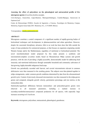 Assessing the effect of polyculture on the phenological and nutraceutical profile of five
microgreen species (Cucurbita ficifolia excerpt).
Celis-Rodriguez, Gracia-Soto, López-Ramírez, Marroquín-Rodríguez, Coutiño-Mijangos, Garcia-Lara &
Espinosa-Leal1
Centro de Biotecnología FEMSA, Escuela de Ingeniería y Ciencias, Tecnológico de Monterrey, Campus
Monterrey, Eugenio Garza Sada 2501. Monterrey, N.L., C.P. 64849, México.
1
Correspondence: claudia_espinosa@tec.mx
ABSTRACT
Microgreens constitute a central component of a significant number of rapidly-growing bodies of
horticultural techniques and developments in pharmaconutrition and urban agriculture. However,
despite the associated disciplinary advances, little to no work has been done that falls outside the
scope of mass production for commercial purposes, or that focuses on organisms originating outside
Western Europe and/or the Mediterranean, regardless of nutritional or horticultural potential. The
novel microhorticultural model proposed by this study presents a symbiotic and
micronutrient-complete co-culture model, based on Mesoamerican Milpa systems and growth
practices, with the aim of providing a highly-accessible, democratizable model for addressing food
insecurity and nutritional deficiencies through sustainable household and community cultivation of
fast-growing, highly-desirable indigenous food crops.
Growth was periodically recorded until harvest, and several micronutrients relevant to common
deficiencies were then measured in the resulting greens. The subjects were then planted together in
milpa arrangements, under common growth conditions determined by data from the aforementioned
growth cycle. Content of previously discussed micronutrients was then measured in the milpa-grown
greens and compared, alongside growth velocity, germination percentage, and size metrics, to the
monoculture data.
Statistically-significant differences between monoculture- and polyculture-grown greens were
observed in all measured parameters, including a marked increase in
secondary-metabolite/nutraceutical compound production for all species, with especially large
increases occurring in O. basilicum.
Keywords: microgreens, polyculture, nutraceuticals, phenological, greenhouse.
1
 