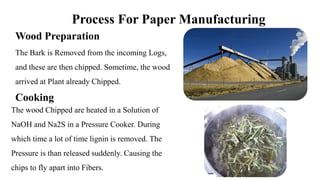 Process For Paper Manufacturing
Wood Preparation
The Bark is Removed from the incoming Logs,
and these are then chipped. Sometime, the wood
arrived at Plant already Chipped.
Cooking
The wood Chipped are heated in a Solution of
NaOH and Na2S in a Pressure Cooker. During
which time a lot of time lignin is removed. The
Pressure is than released suddenly. Causing the
chips to fly apart into Fibers.
 
