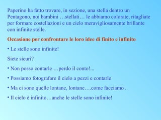 Paperino ha fatto trovare, in sezione, una stella dentro un
Pentagono, noi bambini …stellati… le abbiamo colorate, ritagliate
per formare costellazioni e un cielo meravigliosamente brillante
con infinite stelle.
Occasione per confrontare le loro idee di finito e infinito
• Le stelle sono infinite!
Siete sicuri?
• Non posso contarle …perdo il conto!...
• Possiamo fotografare il cielo a pezzi e contarle
• Ma ci sono quelle lontane, lontane….come facciamo .
• Il cielo è infinito…anche le stelle sono infinite!

 