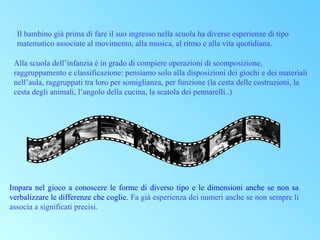 Il bambino già prima di fare il suo ingresso nella scuola ha diverse esperienze di tipo
matematico associate al movimento, alla musica, al ritmo e alla vita quotidiana.
Alla scuola dell’infanzia è in grado di compiere operazioni di scomposizione,
raggruppamento e classificazione: pensiamo solo alla disposizioni dei giochi e dei materiali
nell’aula, raggruppati tra loro per somiglianza, per funzione (la cesta delle costruzioni, la
cesta degli animali, l’angolo della cucina, la scatola dei pennarelli..)

Impara nel gioco a conoscere le forme di diverso tipo e le dimensioni anche se non sa
verbalizzare le differenze che coglie. Fa già esperienza dei numeri anche se non sempre li
associa a significati precisi.

 