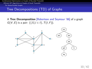 Combinatorial Optimization on Graphs of Bounded Treewidth
Eﬃcient DP Algorithms on Graphs of Small Treewidth
For Series-Parallel Graphs
Tree Decompositions (TD) of Graphs
A Tree Decomposition [Robertson and Seymour ’86] of a graph
G(V , E) is a pair: ({Xi |i ∈ I}, T(I, F)).
10 / 42
 