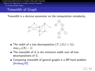 Combinatorial Optimization on Graphs of Bounded Treewidth
Eﬃcient DP Algorithms on Graphs of Small Treewidth
For Series-Parallel Graphs
Treewidth of Graph
Treewidth is a decisive parameter on the computation complexity.
The width of a tree decomposition (T, {Xi |i ∈ I}):
maxi∈I ||Xi | − 1|
The treewidth of G is the minimum width over all tree
decompositions of G.
Computing treewidth of general graphs is a NP-hard problem
[Arnborg’87]
12 / 42
 