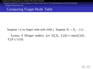 Combinatorial Optimization on Graphs of Bounded Treewidth
Designing Algorithms To Solve problems on Graphs Given with A Tree Decomposition with Small Treewidth
Weighted Independent Set
Computing Forget-Node Table
Suppose i is an forget node with child j. Suppose Xi = Xj − {v}.
18 / 42
 